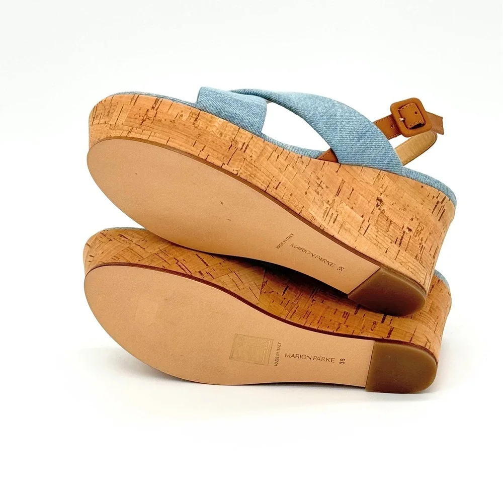 Marion Parke Maren Wedge Sandal Blue Denim Caramel Leather Cork IT 38 US 8
